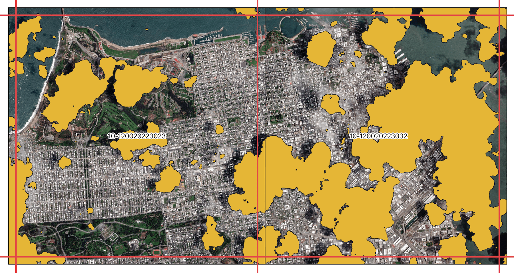 Maxar ARD image tiles of San Francisco with cloud polygon masks